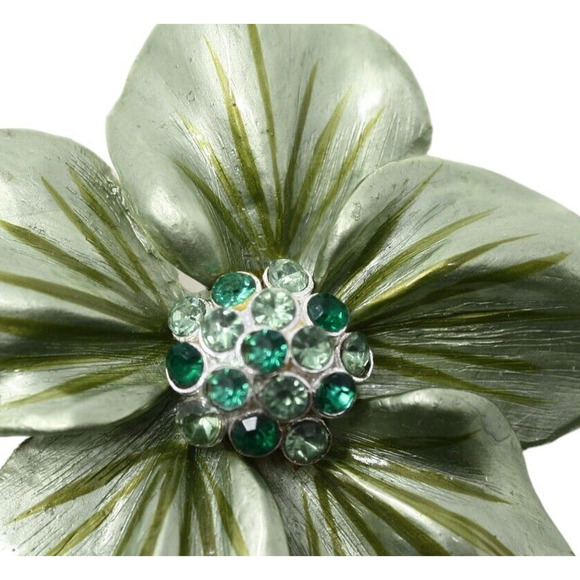 Vintage Shimmer Green Curvy Metal Flower Pin Brooch w Rhinestones 2.25"- Hey Viv - Picture 2 of 6